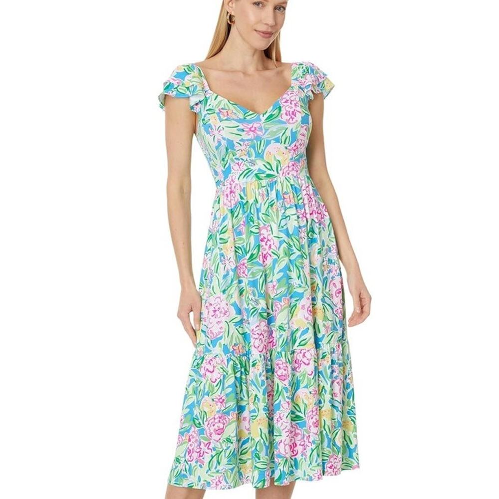 Lilly Pulitzer Mint Floral Midi Dress with Pink & Yellow Accents